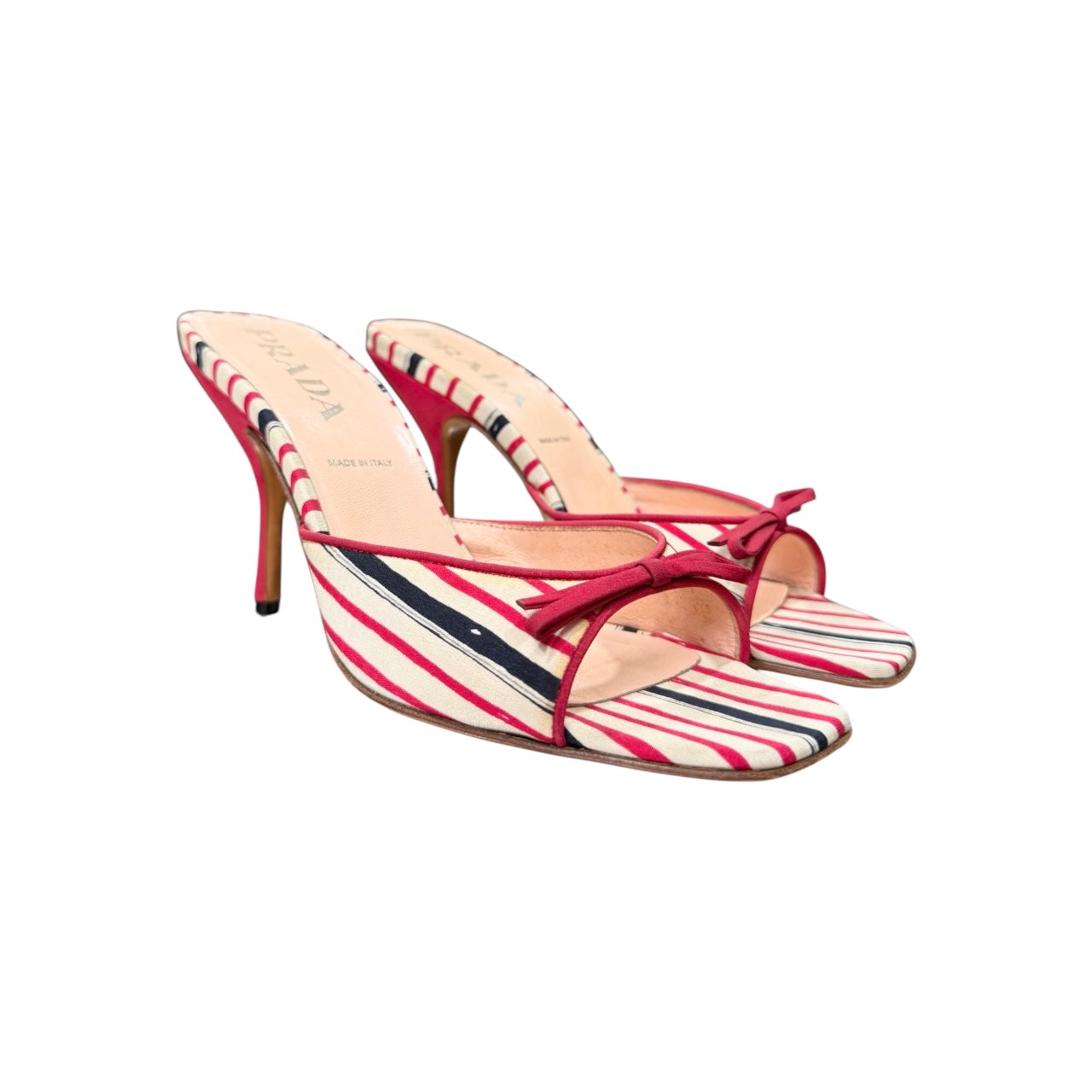 PRADA TRI COLOR STRIPE FABRIC BOW MULES