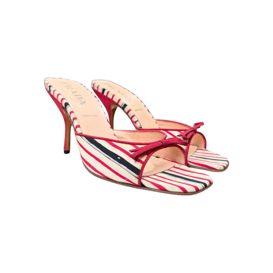 PRADA TRI COLOR STRIPE FABRIC BOW MULES