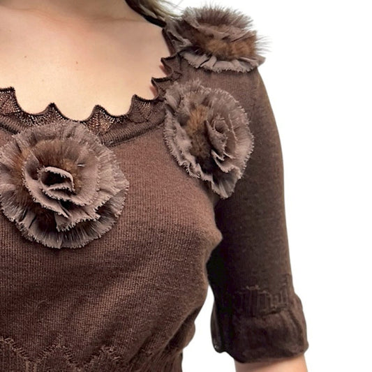 BLUMARINE BROWN MESH FLOWER KNIT TOP