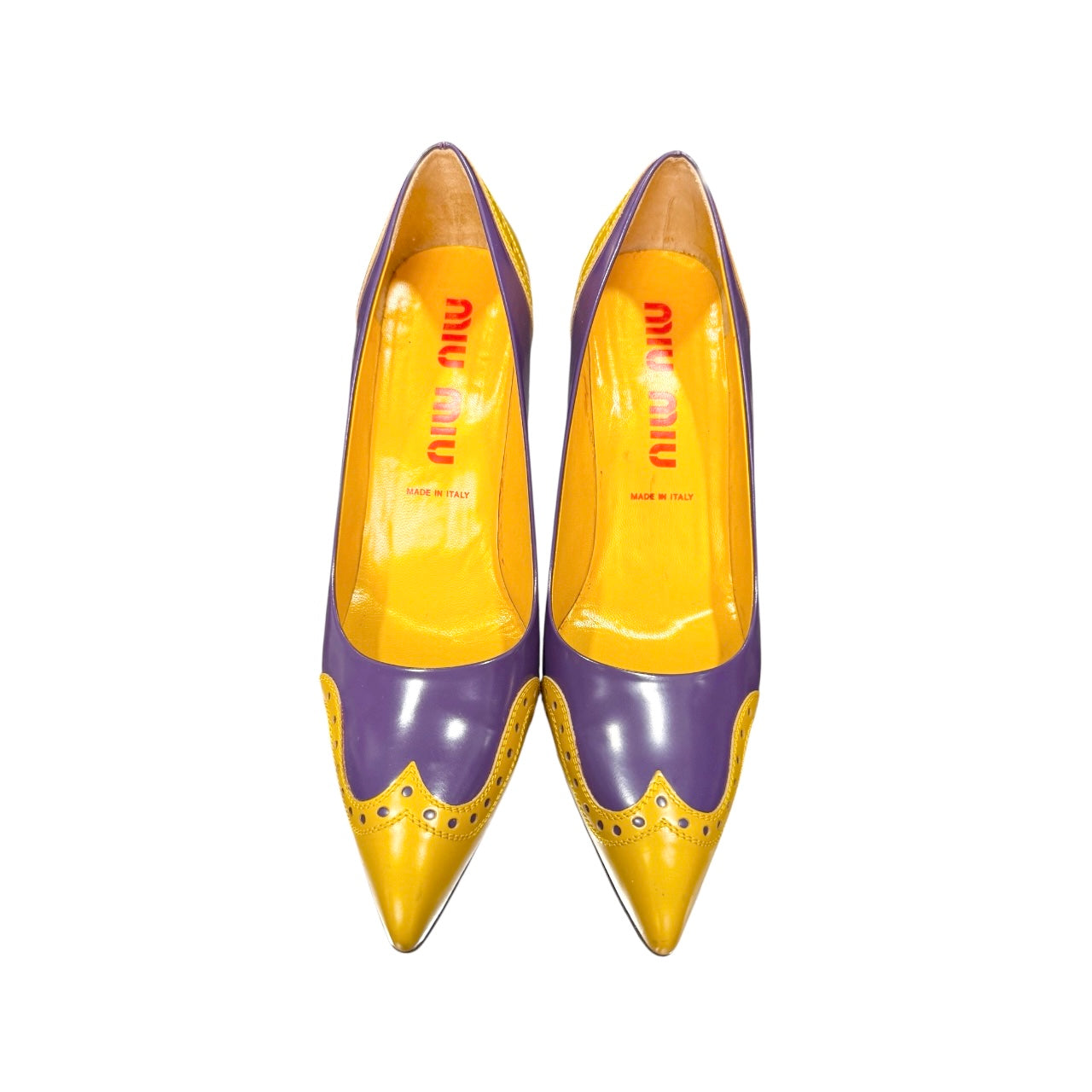 MIUMIU TWO-TONE MUSTARD AND PURPLE LEATHER PUMPS