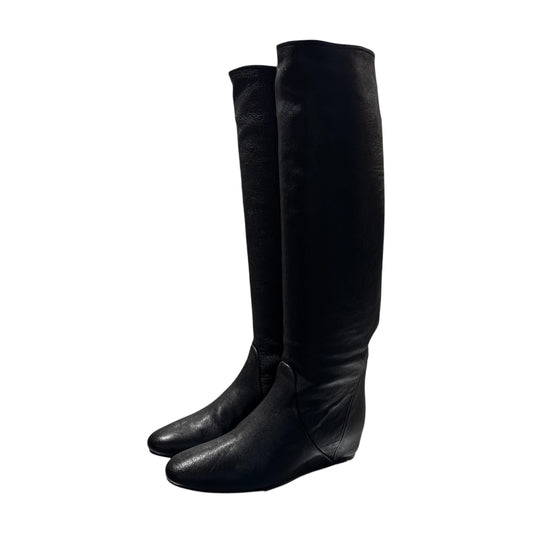 LANVIN BLACK LEATHER KNEE HIGH WEDGES BOOTS