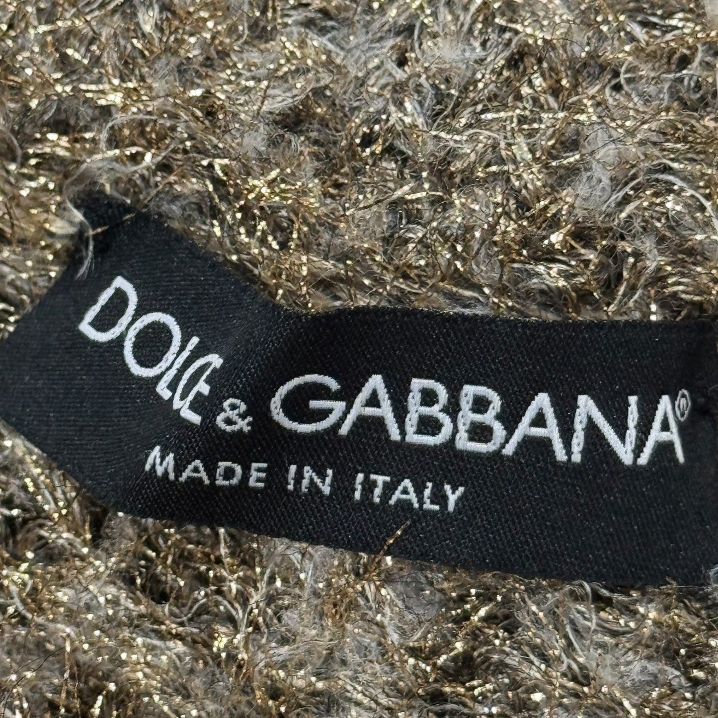 DOLCE & GABBANA FUZZY GOLD METALLIC OFF SHOULDER DRESS