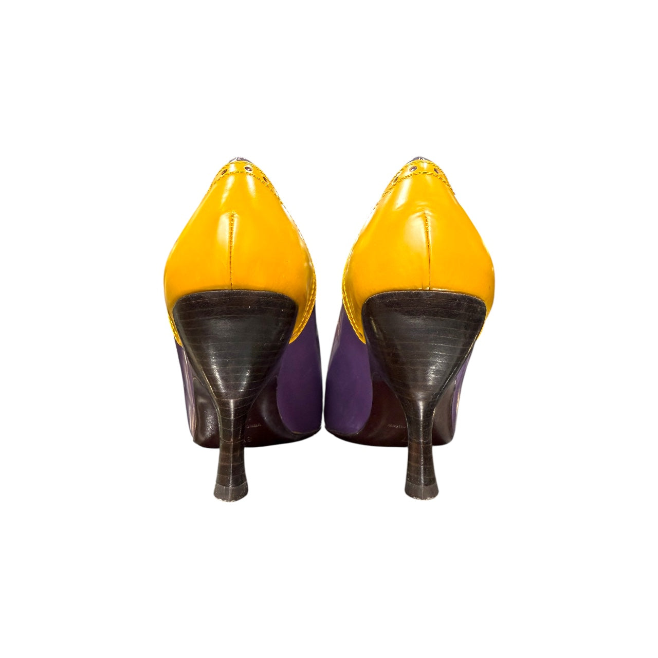 MIUMIU TWO-TONE MUSTARD AND PURPLE LEATHER PUMPS