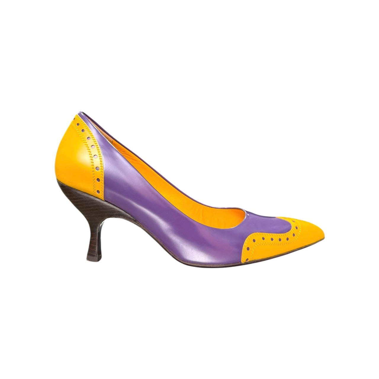 MIUMIU TWO-TONE MUSTARD AND PURPLE LEATHER PUMPS