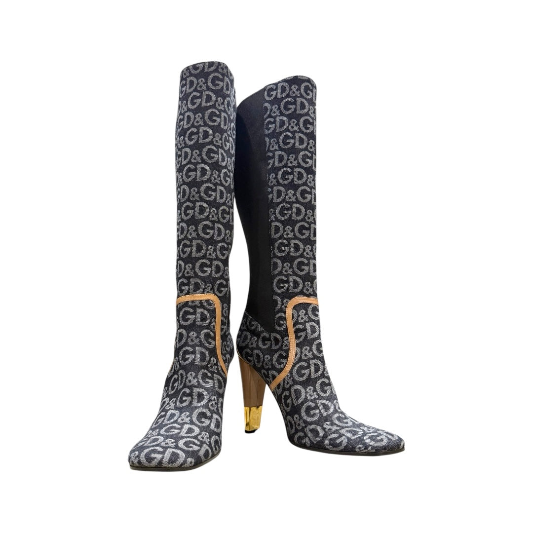 DOLCE & GABBANA MONOGRAM KNEE HIGH HEEL BOOTS