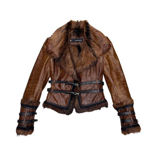 DSQUARED2 BROWN LEATHER FUR BUCKLED JACKET