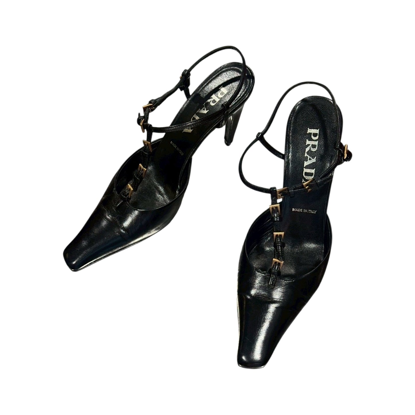 PRADA MULTI BUCKLED BLACK LEATHER HEELS