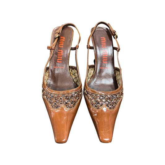 MIU MIU WOVEN BROWN SLINGBACK HEELS
