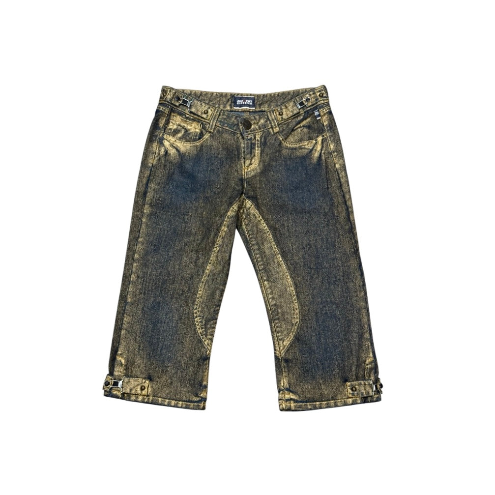 JEAN PAUL GAULTIER GOLD PAINTED STUD HEM CAPRIS PANTS