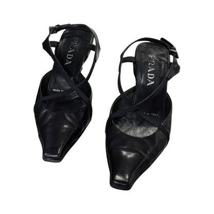 PRADA CRISS CROSS BLACK LEATHER HEELS