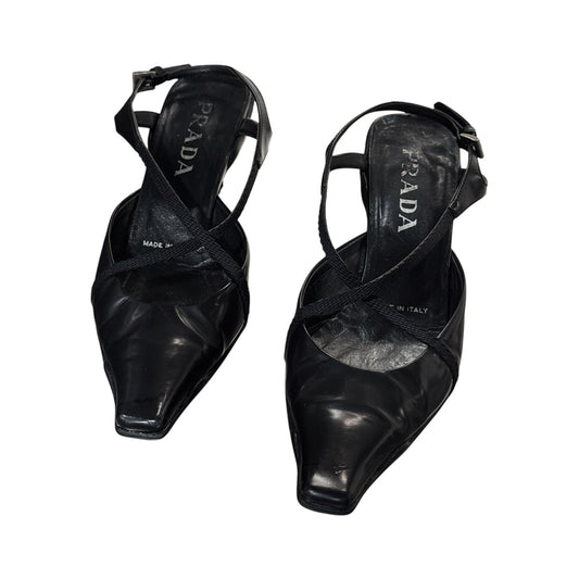 PRADA CRISS CROSS BLACK LEATHER HEELS