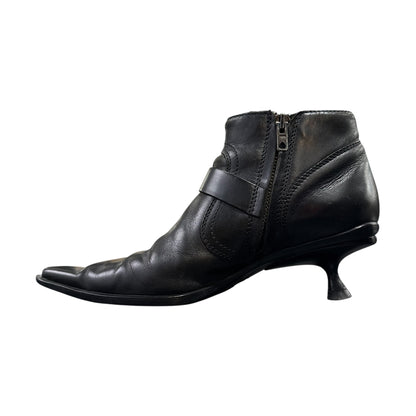 MIU MIU BLACK BUCKLED POINTED ANKLE BOOTS