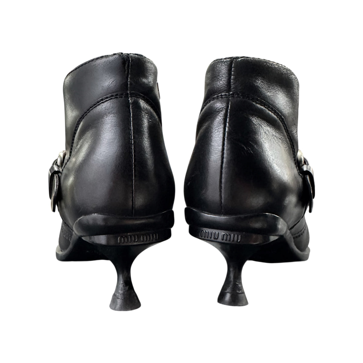 MIU MIU BLACK BUCKLED POINTED ANKLE BOOTS