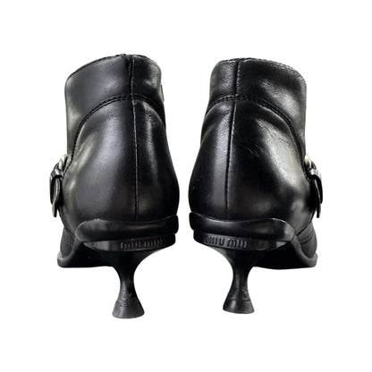 MIU MIU BLACK BUCKLED POINTED ANKLE BOOTS