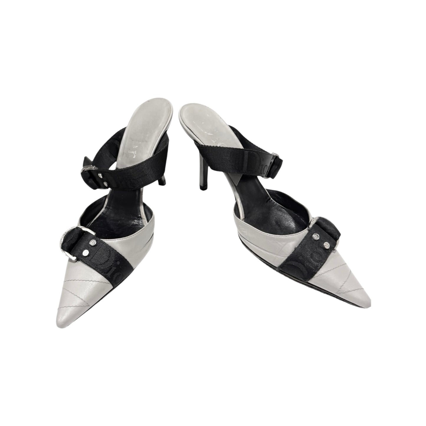 CHRISTIAN DIOR BY JOHN GALLIANO  GREY WOVEN BUCKLED MULES
