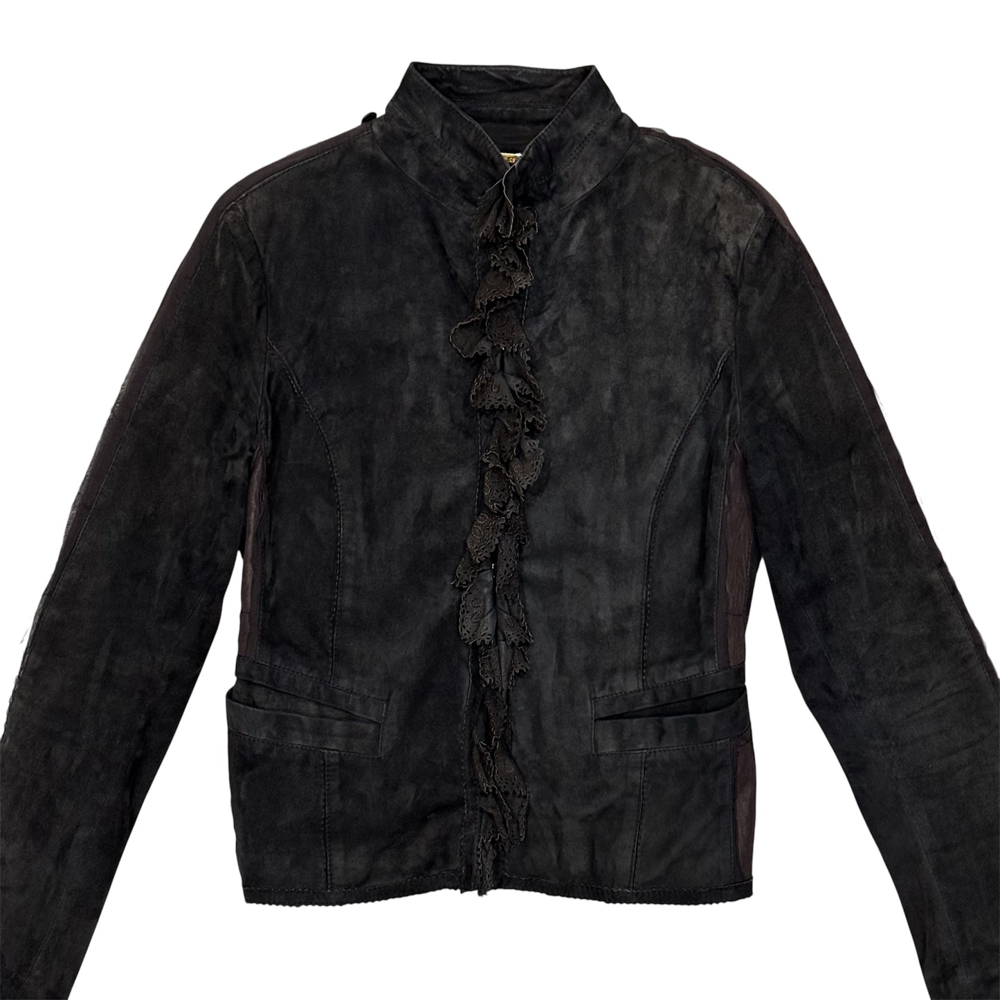 ROBERTO CAVALLI BROWN SUEDE RUFFLED JACKET