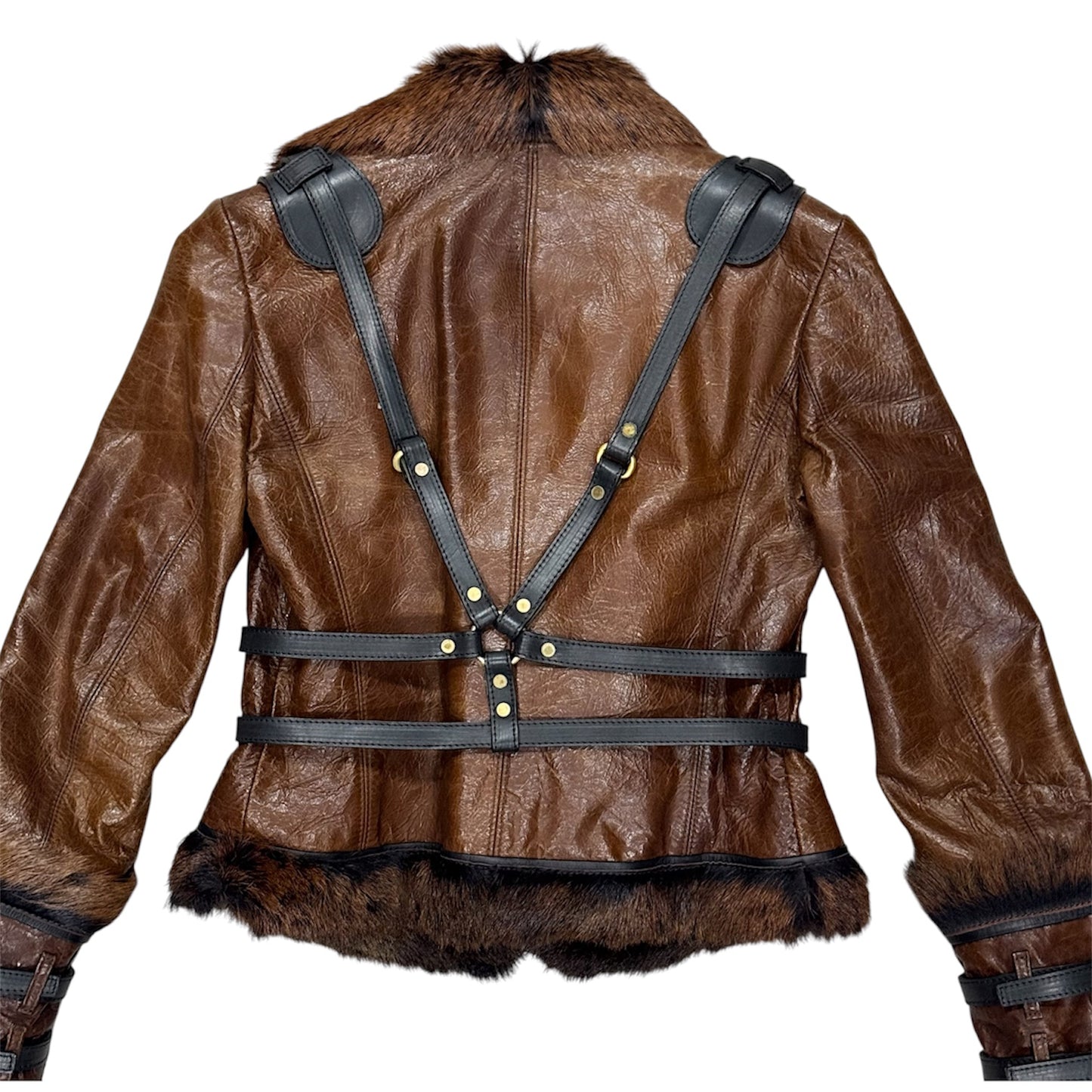 DSQUARED2 BROWN LEATHER FUR BUCKLED JACKET