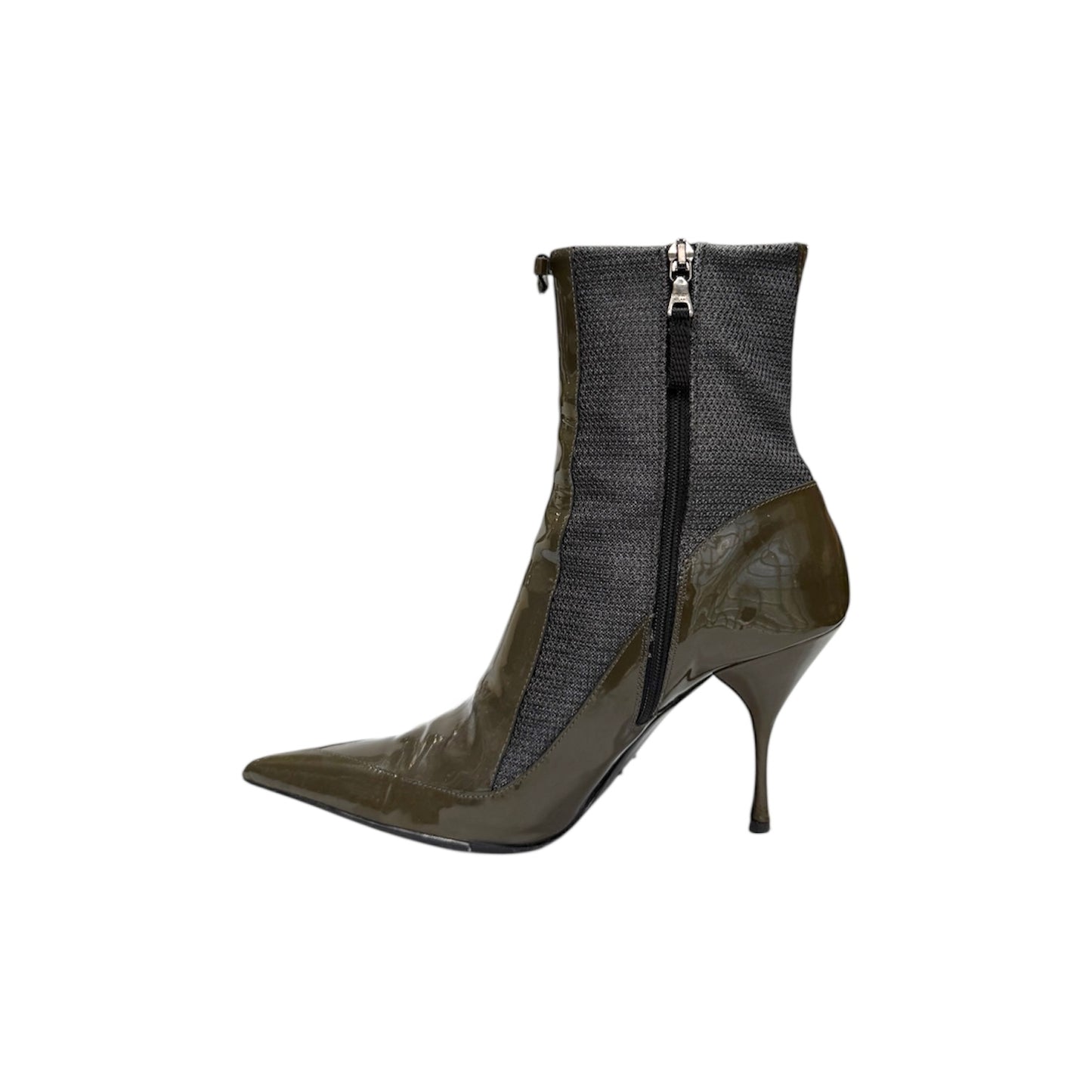 PRADA SPORT KHAKI PATENT LEATHER ANKLE BOOTS