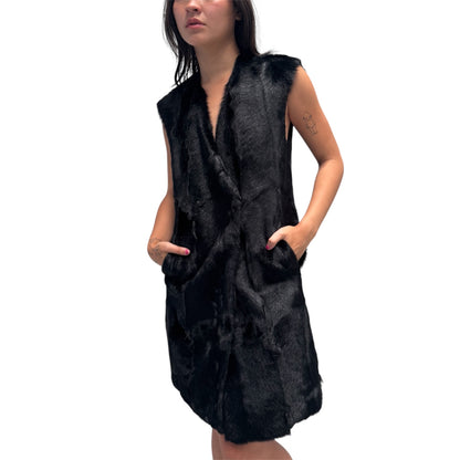 PRADA SPORT 2009 BLACK GOAT FUR LONG  GILET COAT