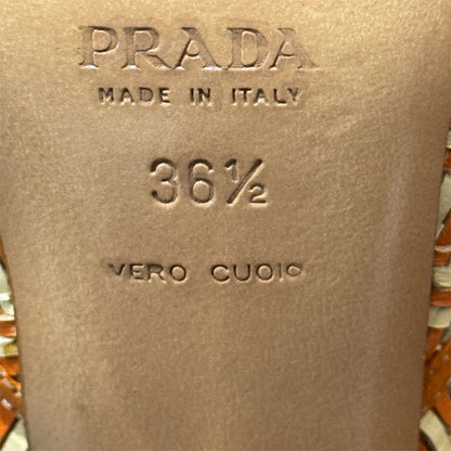 PRADA ORANGE WOVEN RUFFLED LEATHER SLINGBACK HEELS