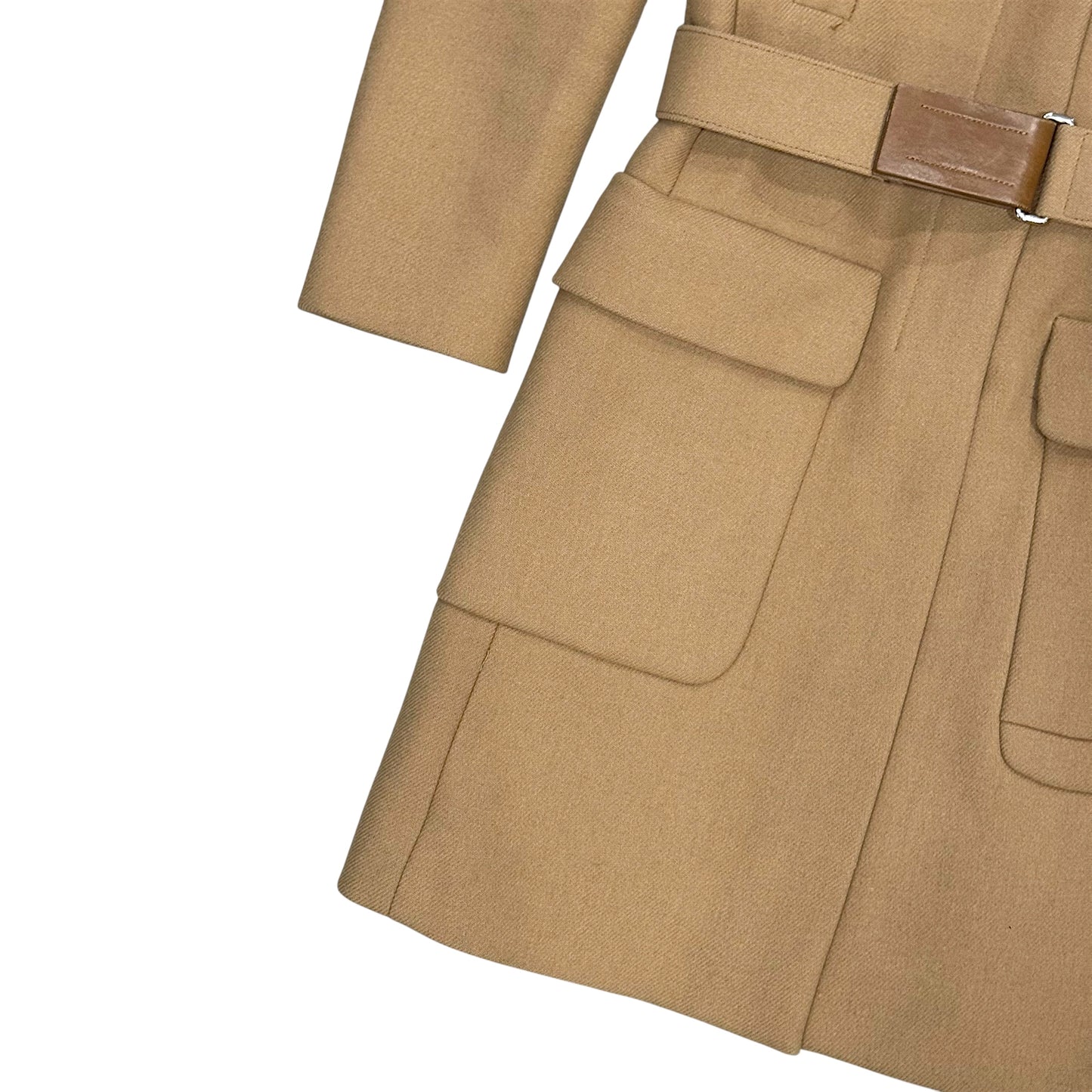 PRADA TAN WOOL BUCKLED COAT