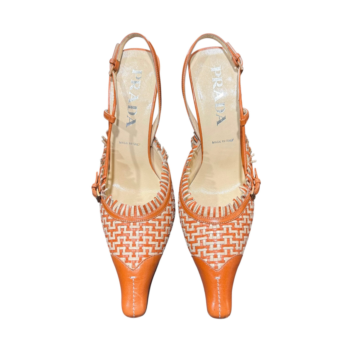 PRADA ORANGE WOVEN RUFFLED LEATHER SLINGBACK HEELS