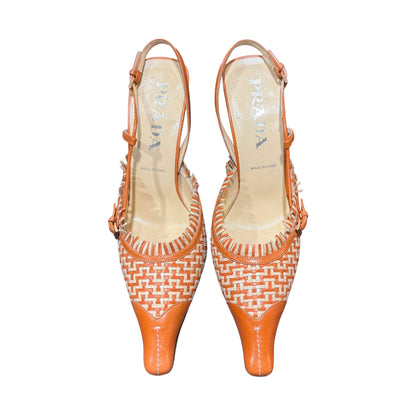 PRADA ORANGE WOVEN RUFFLED LEATHER SLINGBACK HEELS