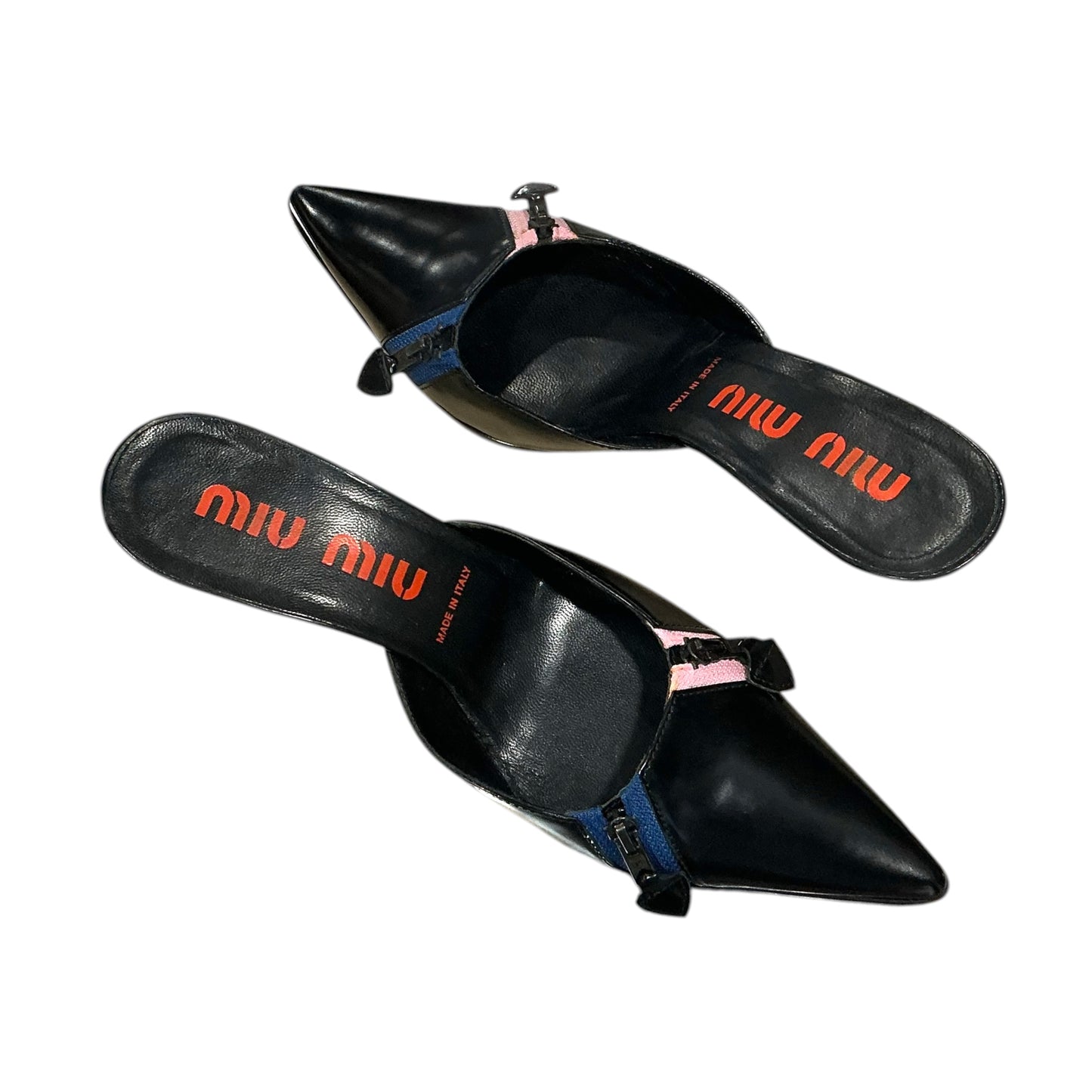 MIU MIU BLACK PINK & BLUE ZIPPER HEELS