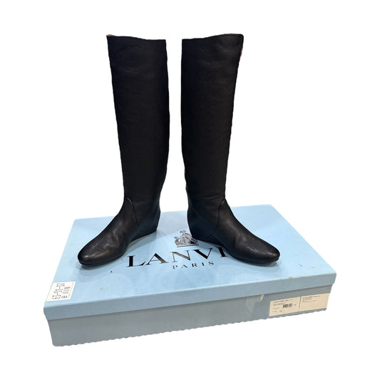 LANVIN BLACK LEATHER KNEE HIGH WEDGES BOOTS