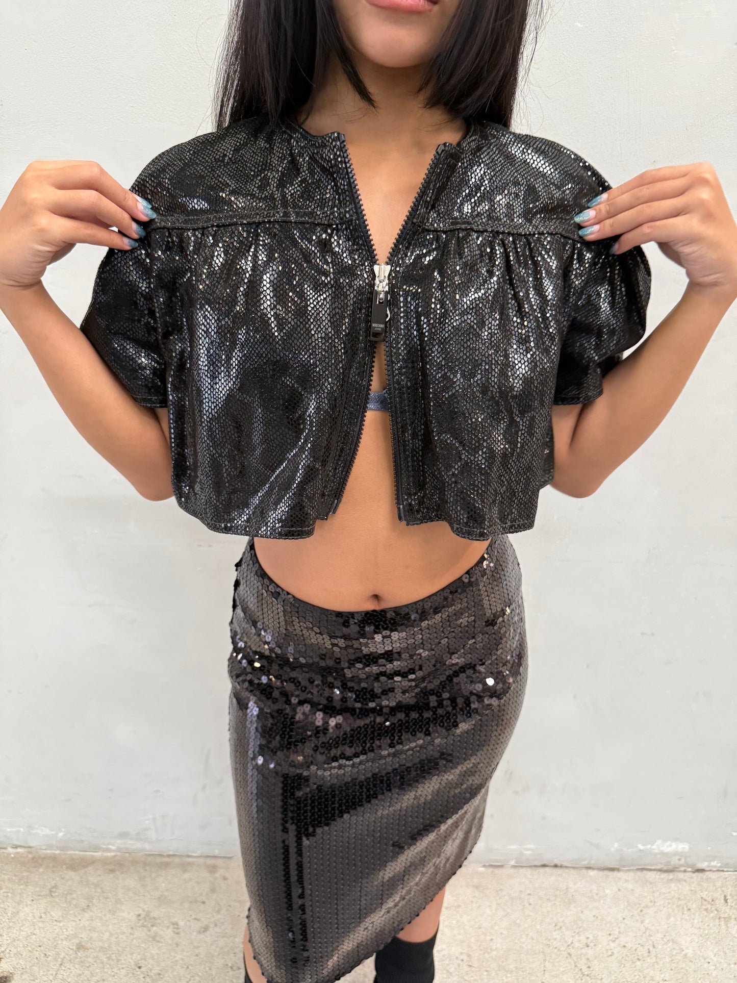 MOSCHINO RUFFLED SNAKE-PRINT LEATHER CROPPED BOLERO JACKET