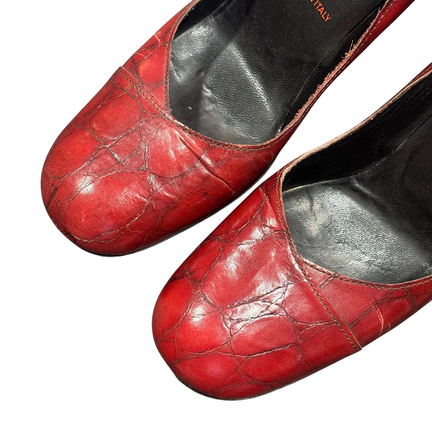 MIUMIU RED CROC LEATHER HEELS