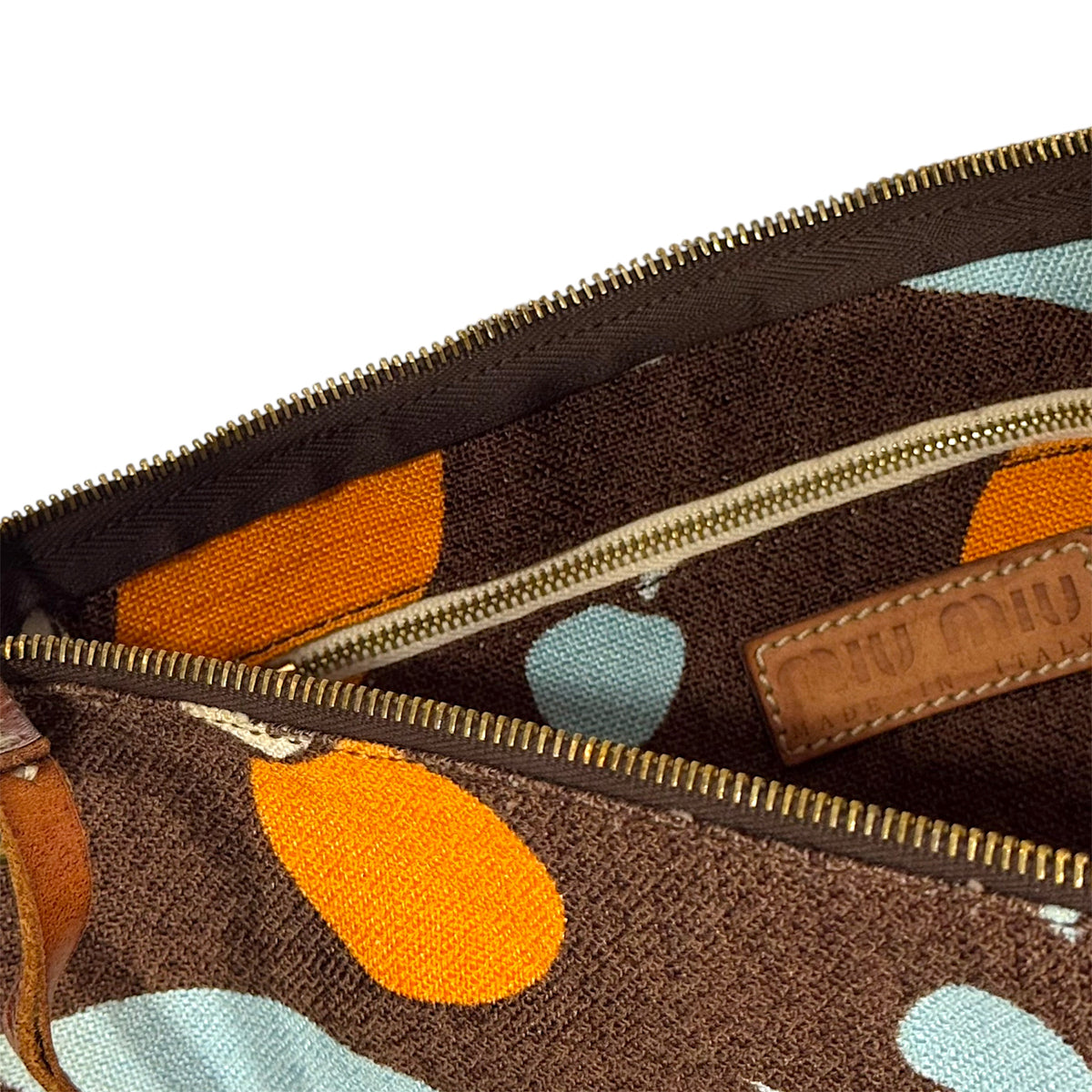 MIU MIU 2000S BROWN CHERRY PRINTS CANVAS SHOULDER BAG