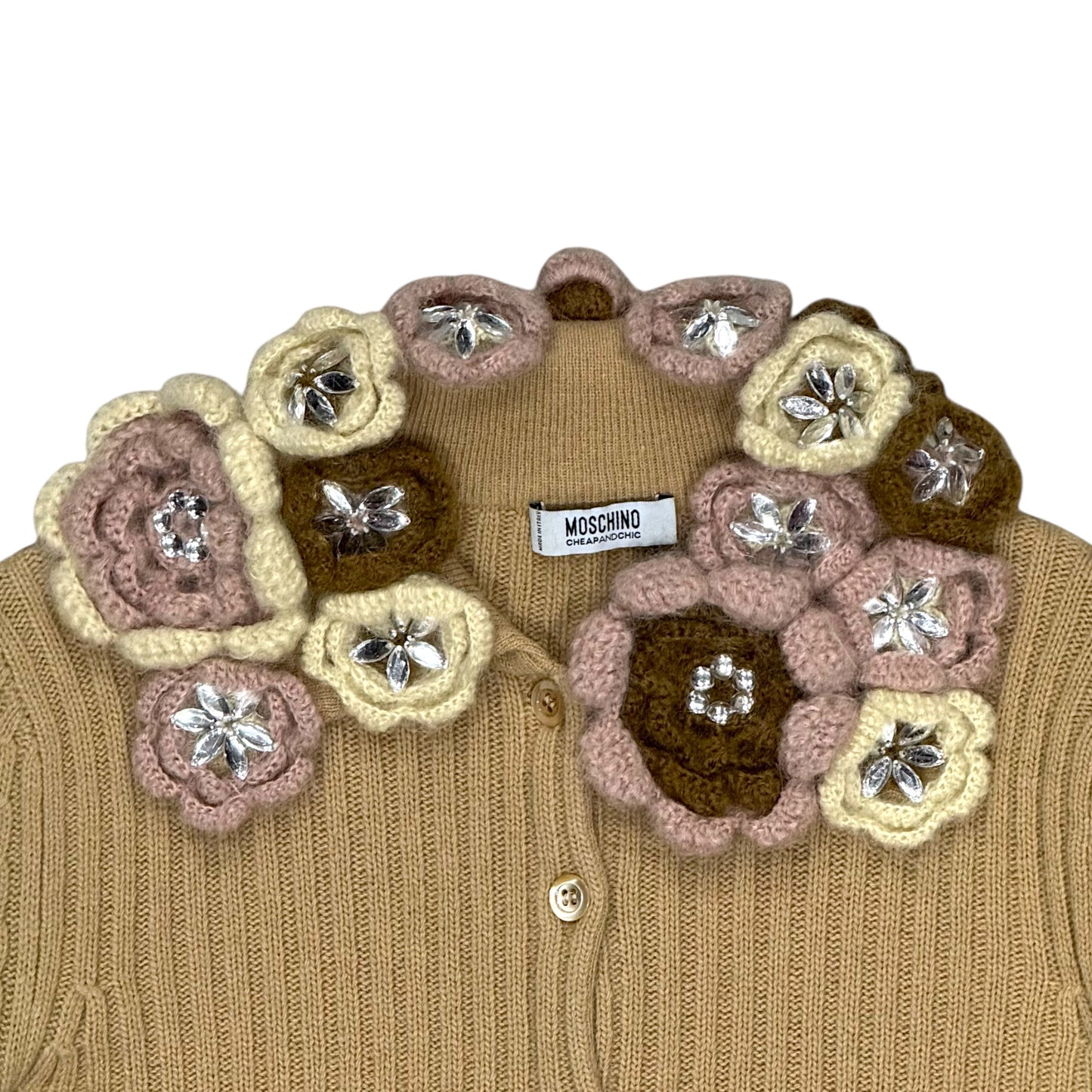 MOSCHINO TAN FLOWER KNIT CARDIGAN