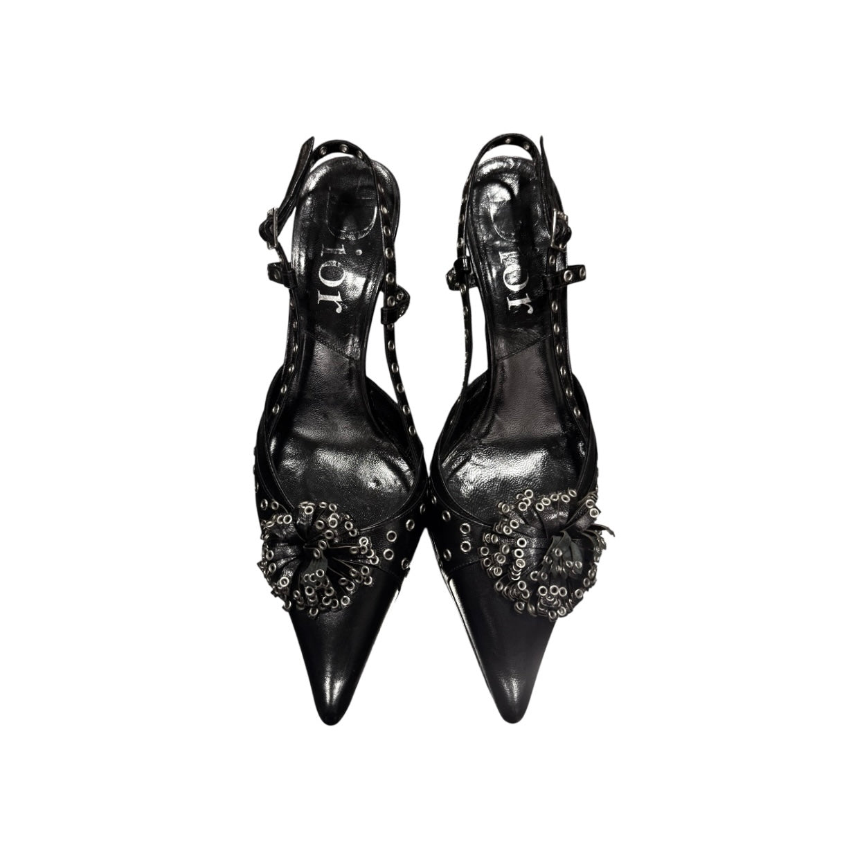 CHRISTIAN DIOR BLACK SLINGBACK KITTEN HEELS WITH GROMMET EMBELLISHMENT