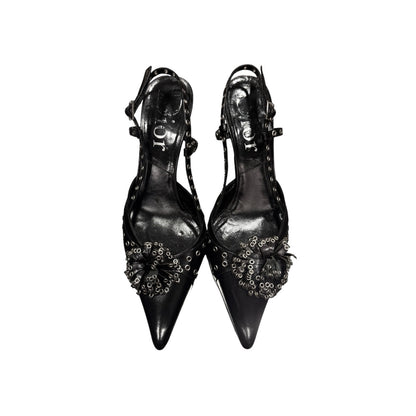 CHRISTIAN DIOR BLACK SLINGBACK KITTEN HEELS WITH GROMMET EMBELLISHMENT