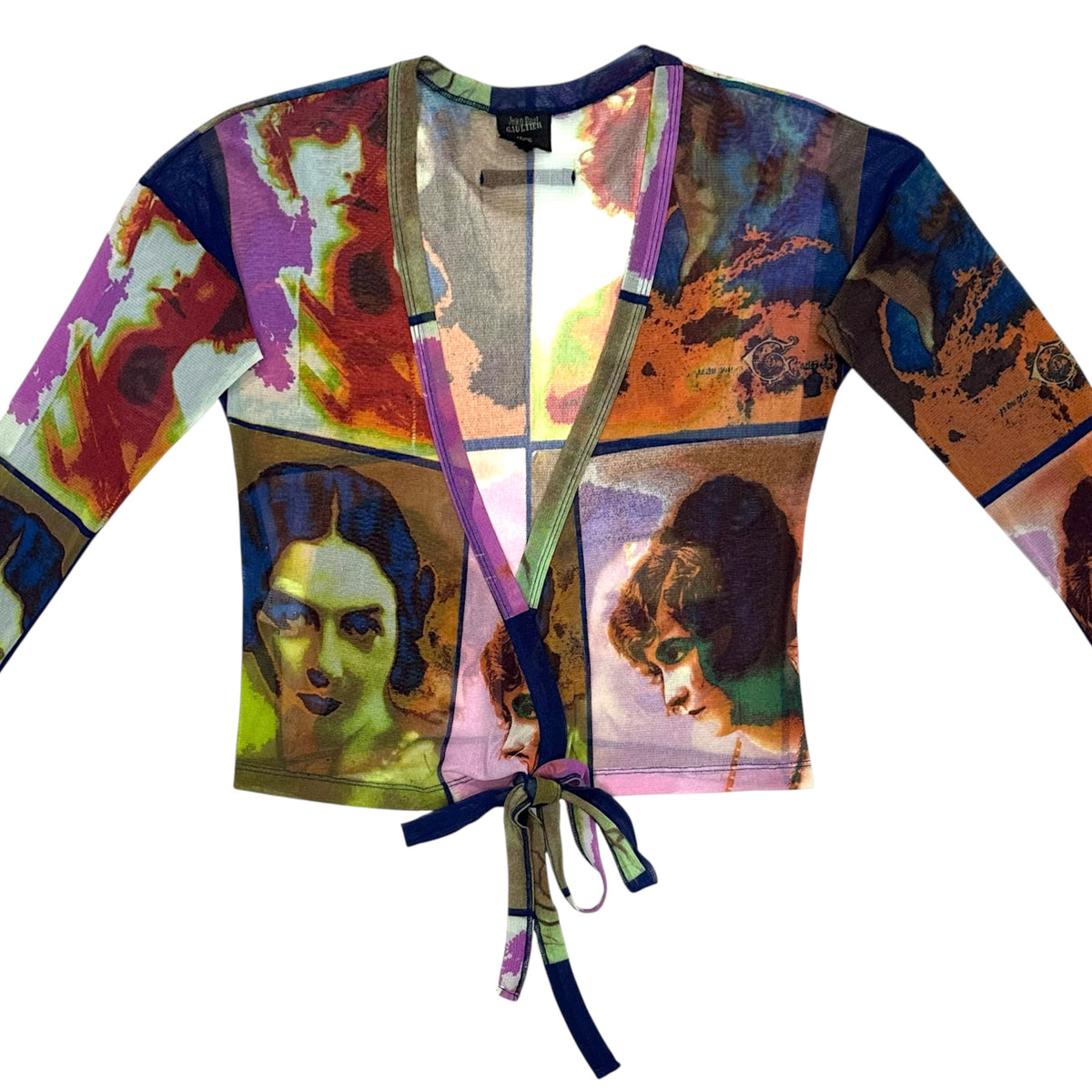 JEAN PAUL GAULTIER 2002 SOLEIL POP ART PORTRAIT MESH WRAP TOP