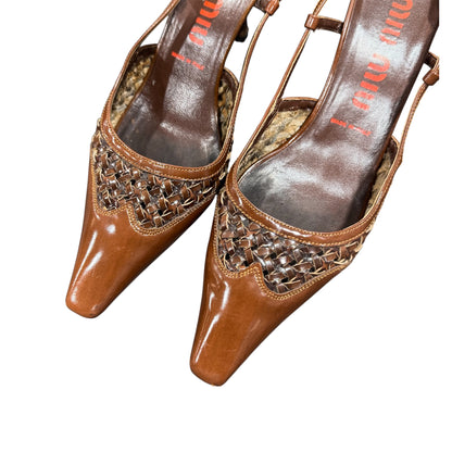 MIU MIU WOVEN BROWN SLINGBACK HEELS