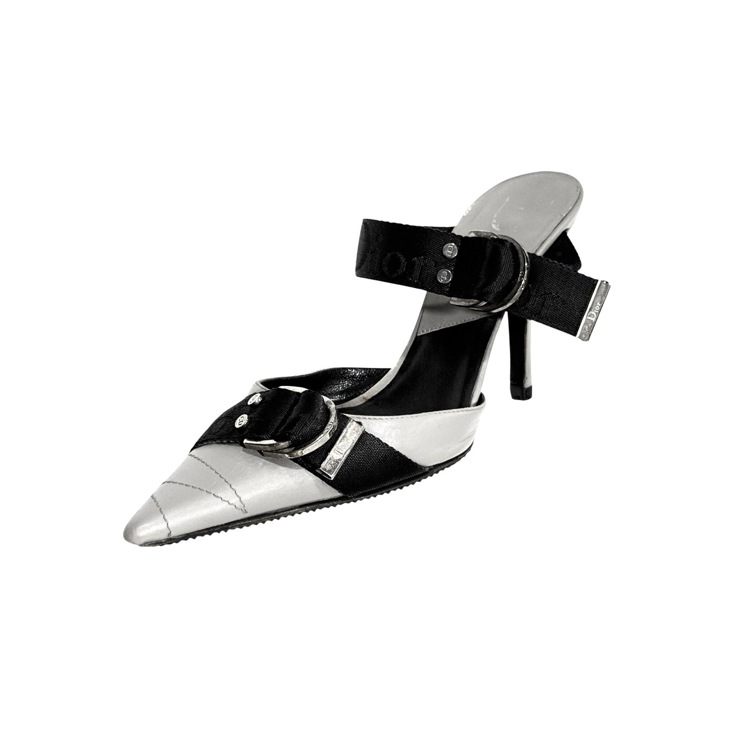 CHRISTIAN DIOR BY JOHN GALLIANO  GREY WOVEN BUCKLED MULES