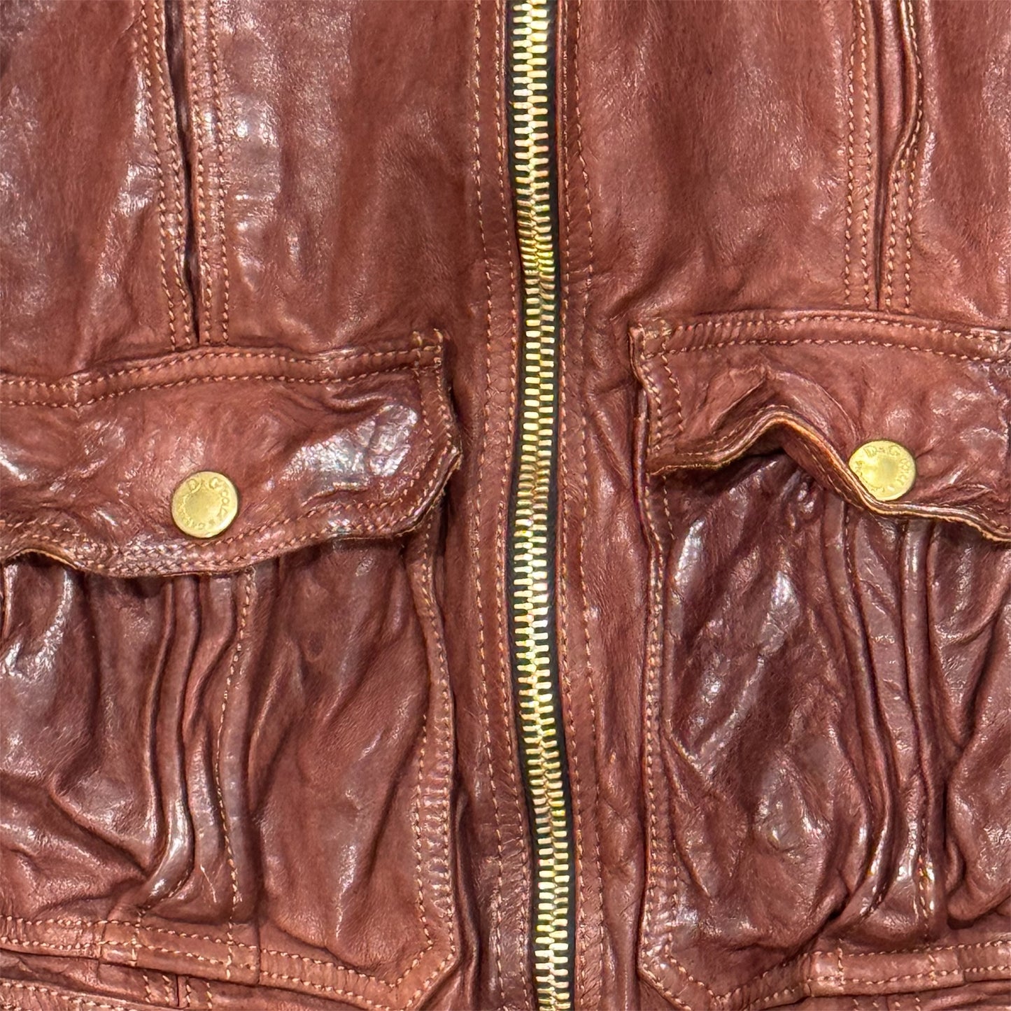 DOLCE & GABBANA BROWN DISTRESSED LEATHER JACKET