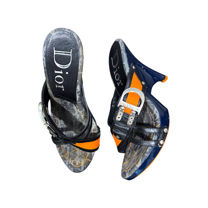 CHRISTIAN DIOR BY JOHN GALLIANO FLIGHT MONOGRAM WEDGES MULES