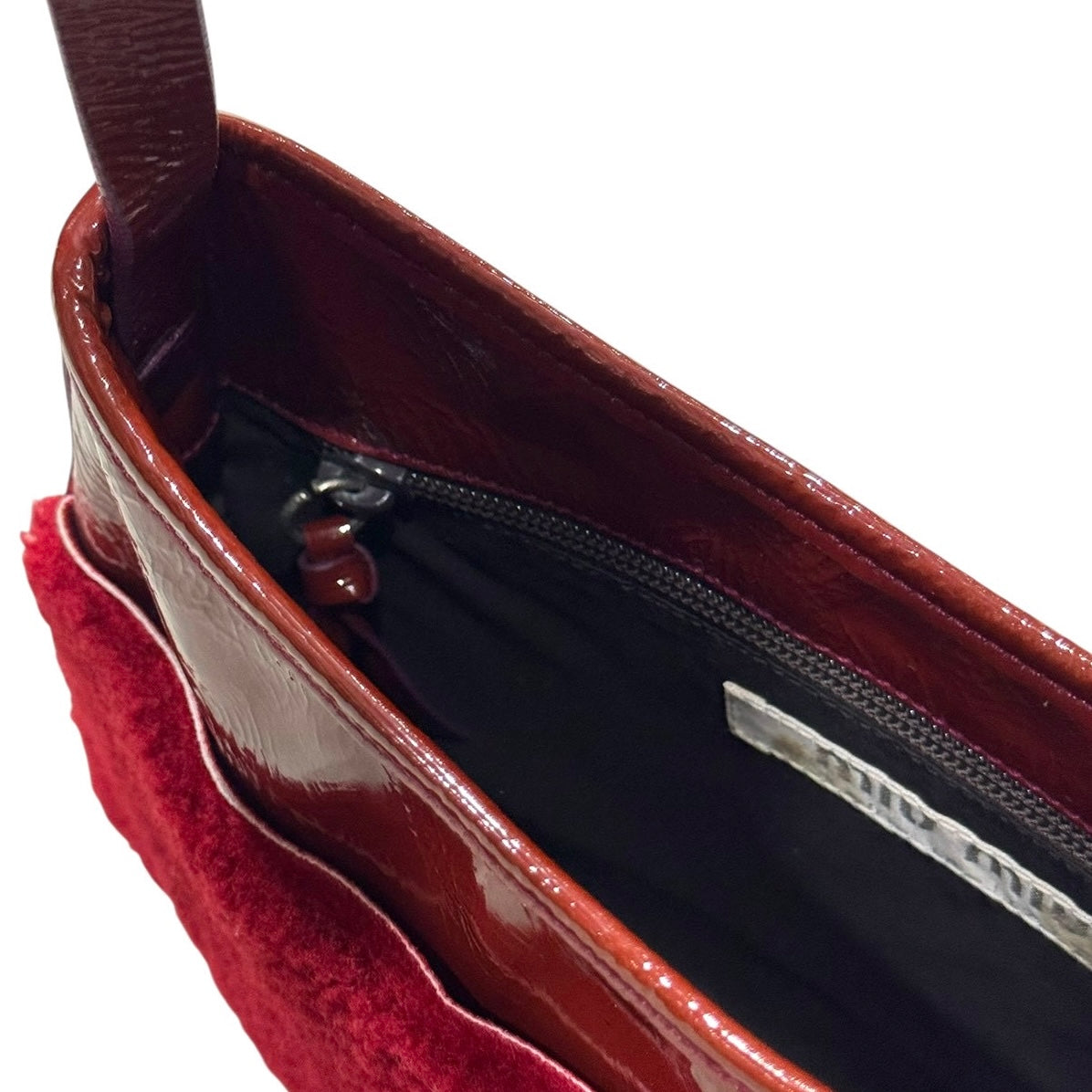 MIU MIU FW1999 RED MOUTON SHEARLING PATENT LEATHER CROSSBODY BAG