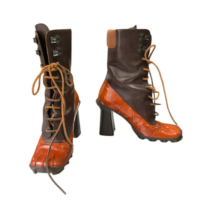 MIU MIU FW1999 LACE UP BROWN ORANGE BUBBLE SOLE BOOTS