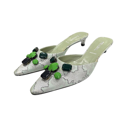 PRADA SS2003 BROCADE EMBELLISHMENT SILK KITTEN HEELS