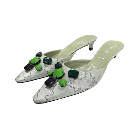 PRADA SS2003 BROCADE EMBELLISHMENT SILK KITTEN HEELS