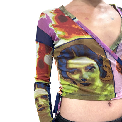 JEAN PAUL GAULTIER 2002 SOLEIL POP ART PORTRAIT MESH WRAP TOP