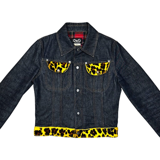 DOLCE & GABBANA YELLOW LEOPARD PRINTED DENIM JACKET