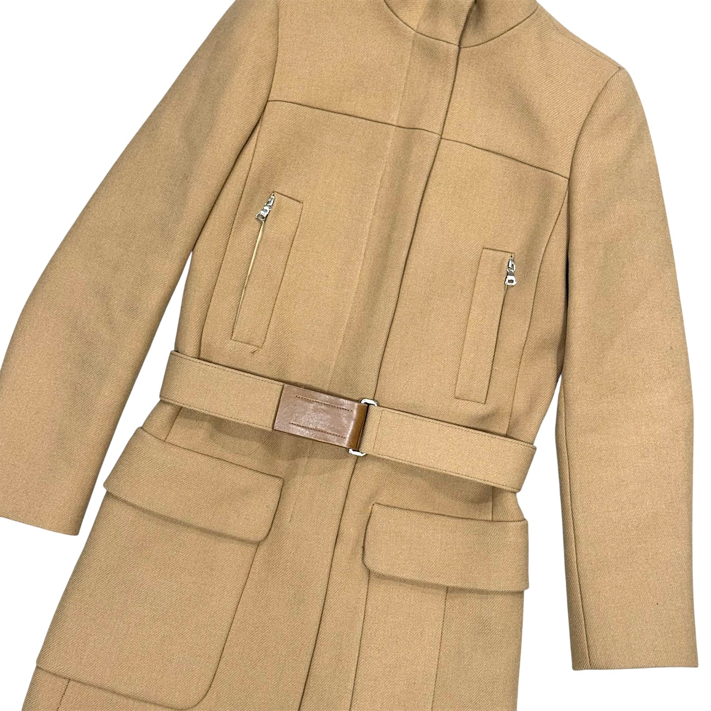 PRADA TAN WOOL BUCKLED COAT