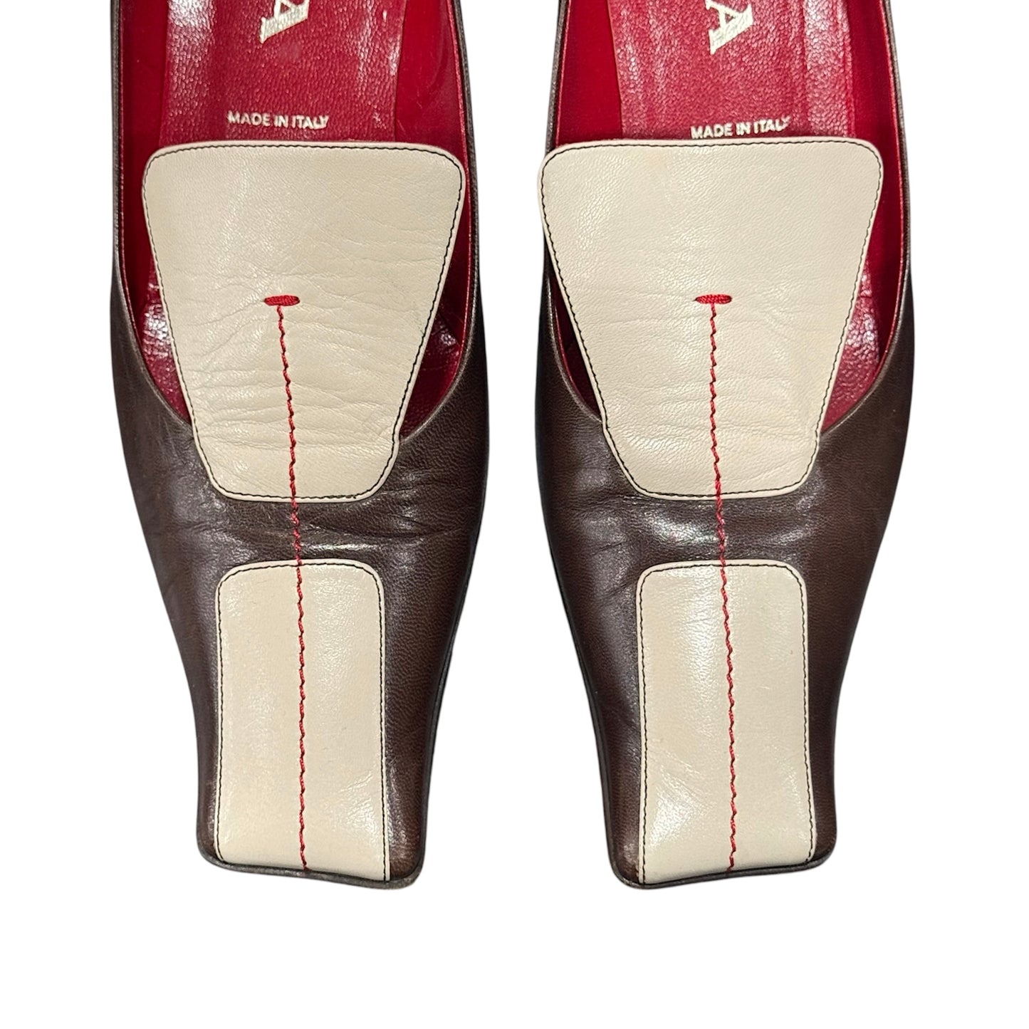 PRADA TWO TONE SQUARE TOE HEELS
