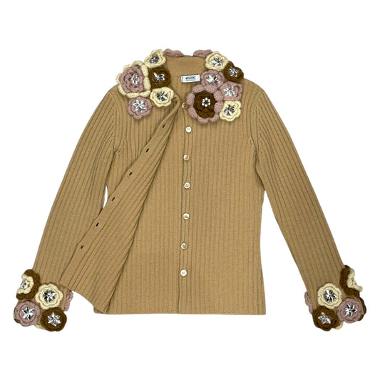 MOSCHINO TAN FLOWER KNIT CARDIGAN