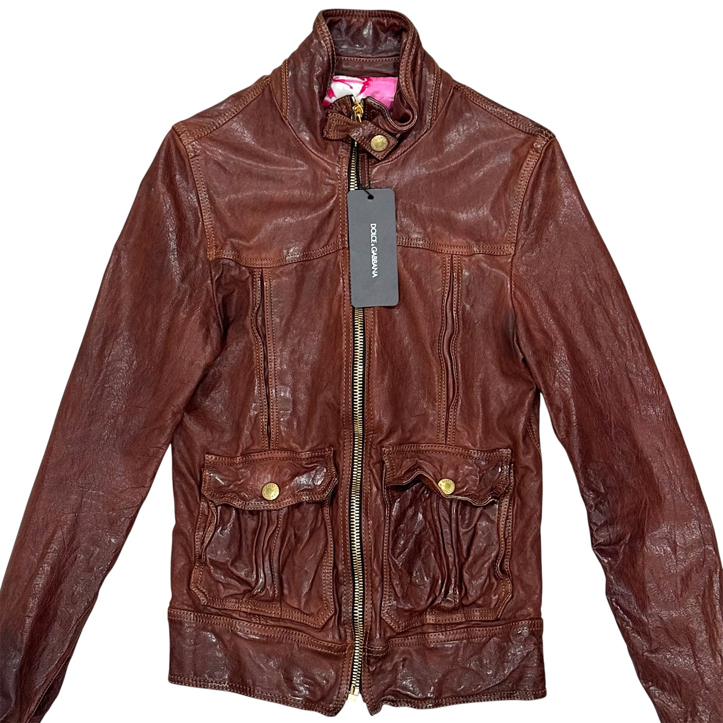 DOLCE & GABBANA BROWN DISTRESSED LEATHER JACKET